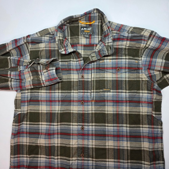 Ariat Other - Ariat Rebar Mens Medium Plaid Flannel Work Shirt Olive Red Blue Button Down